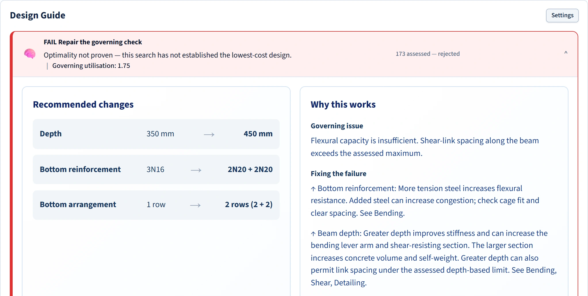 Continuous native Design Brain card showing ULS repair changes beside their explanations.