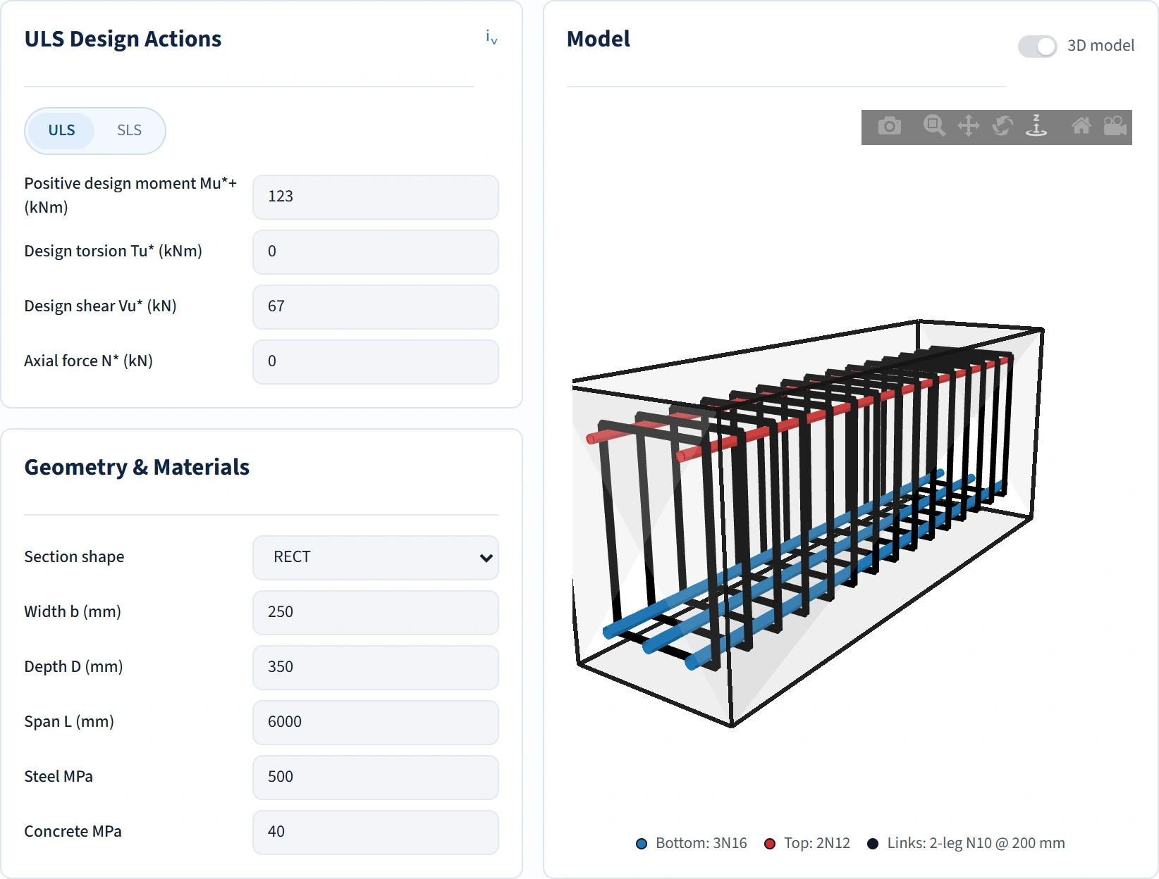Real ULS moment and shear actions, geometry and materials, and the native 3D reinforcement model.